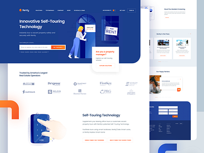 Rently - Self-Touring Technology blue clean design flat homepage illustration landing minimal modern orange pin rental smart smarthome tours ui white