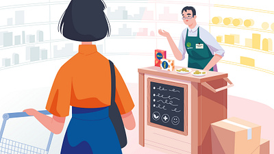 Shop assistant 2d art brand identity cartoon character explainer explainervideo food food illustration illustration shopping snacks supermarket vector vector illustration