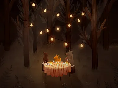Dinner party with friends! animals children book illustration childrens book digital art dinner drawing forest friends illustration digital kids art nature