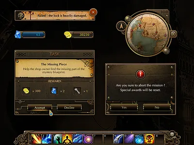 SteamPunk Game Interfaces action bar coins diamonds game ui gears interface map skill steampunk task tips toast warning