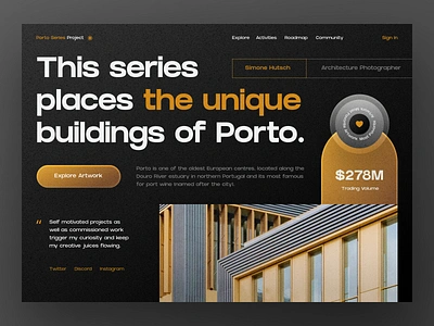 Porto Series Project - NFT Architecture Photo Website ✱ architecture black clean dark theme design gradient graphic design header homepage landing page nft nft header nft web design photo porto ui web design website