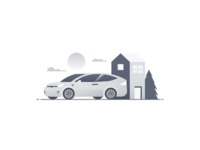 Greyscale world car cloud gradient grey greyscale home house icon illustration illustrator minimal nature sun tesla tree vector