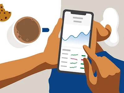 Investing strategy coffee cookie hands illustration invest investment mobile phone stock stocks table woman