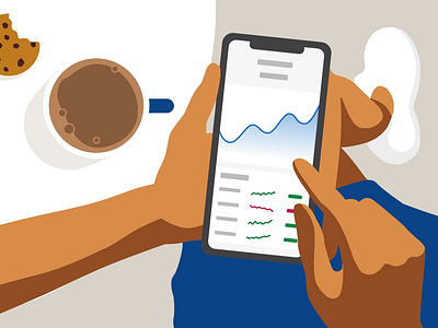 Investing strategy coffee cookie hands illustration invest investment mobile phone stock stocks table woman