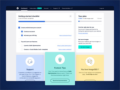 ImageSEO - SASS, Icon & Layout checklist dashboard dashboard design dashboard template dashboard ui feature icons navbar rate support todo ui ux