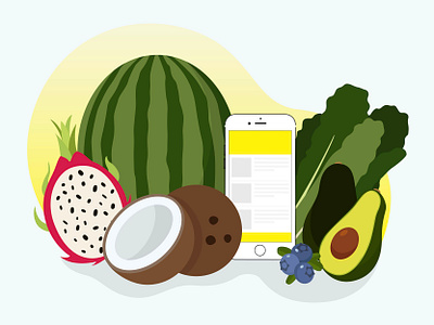 Order Produce Online avacado blueberries coconut design dragon fruit fruit illustration kale mad fish digital order online phone produce vector veggies watermelon