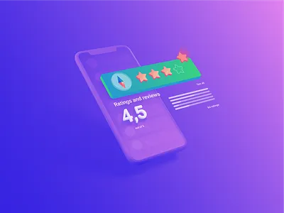 Illustration of rating stars app. 3d app colorfull design evaluation gradient illustration iphone isometric isometry light list mobile app neon number orange rating reviews stars technology