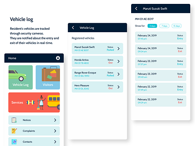 Vehicle log - Secupia adobexd blue car design hackathon illustration mobile mobile ui security app security system vehicle white