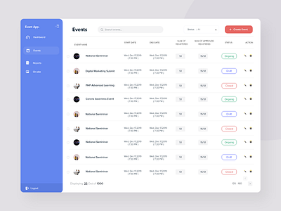 Event List activity add adobe xd clean create event dasboard dashboard event design event event list event management interface listing sidemenu status status update