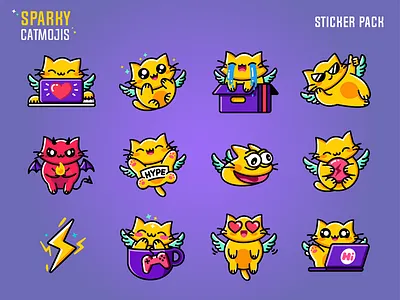 Sparky Catmojis 2d animal animation app bolt cat character cute design emoji fantasy game gif kitty smile sticker sticker design web wings yellow