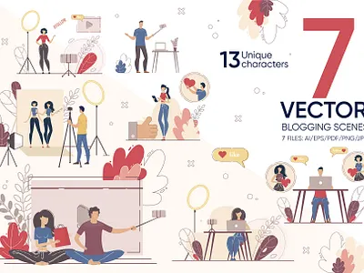 Blogging Vector Scenes article blog blogger channel content creation design digital editor flat freelance illustration market media online quality social storytelling vector write