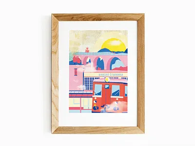 BS_railroad banska stiavnica contemporary illustration pastel color train vector