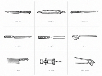 Pepperjack Illustrations bbq cleaver fork icons kitchen kitchen tools knife retro scratchboard illustration vintage
