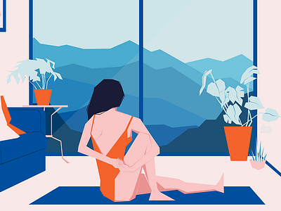 Inner Peace adobe illustrator blue character design design digital digital art drawing editorial flatart furniture home illustration illustrator interior landscape orange stayhome vector woman yoga