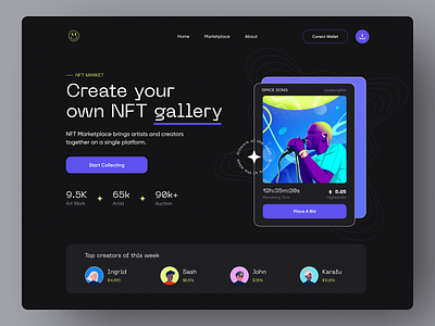 NFT Marketplace Home Page art collection create discover homepage illustration landing page nft nft collection open sea website