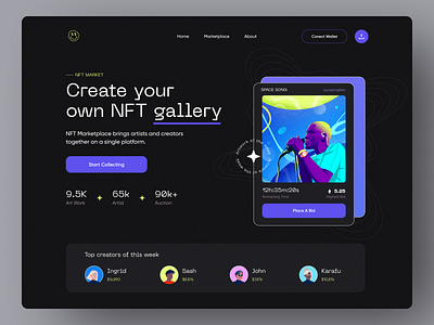 NFT Marketplace Home Page art collection create discover homepage illustration landing page nft nft collection open sea website