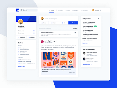Linkedin Redesign Concept blue clean dashboard design feed inter interface linkedin media minimal network post profile social timeline ui web
