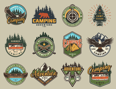 Camping designs: 48 outdoor badges adobe illustrator badges camp camping colorful design graphic design illustration nature outdoor recreation relax vector vector illustration vintage