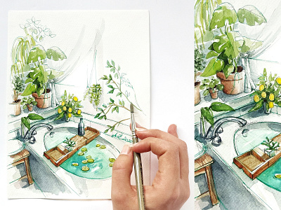 Watercolor interior illustration, Green Bathroom hand rendered hand rendering illustration illustration art interior design magdalena illustration magdalena żołnierowicz watercolor watercolor art watercolor illustration watercolor interior watercolor interior design watercolor painting