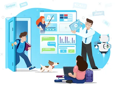 Online class/Illustration character design class illustrator language school learning minimalistic online course online school robot student teacher vector illustration vectorart web illustration