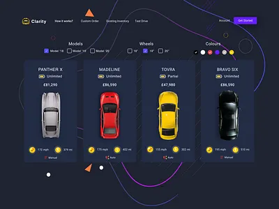 Clarity - Electric cars shop - dark version card design cars ecommerce filter menu pdp plp product product display product listing top nav ui ux uxui