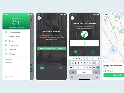 App iOS Ecos alert green map mobile app ride scanner sidebar ui ux