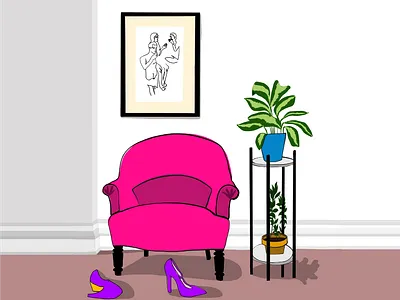 A pink parlor chair architecture art print digital illustration editorial editorial art editorial illustration home decor home illustration illustration illustration art interior art interior design interior designer interior illustration interiors line art pink plant illustration plants purple