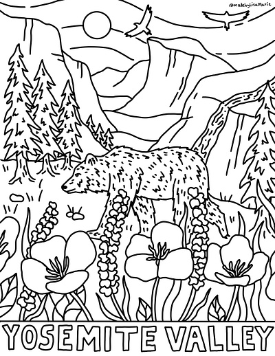 Yosemite Coloring Book Page close up california coloring book drawing grizzly bear half dome illustration landscape line art mountains national parks nature outdoors yosemite