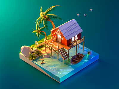 Seaside cottage night 3d c4d cabin coconut coconut tree house landscape light low poly modeling night sea seaside stone water wood