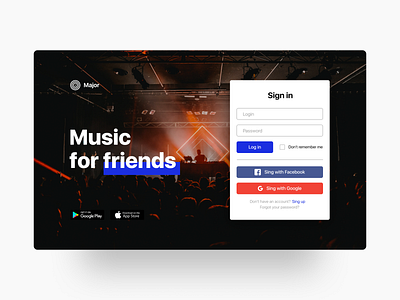 Major | Social network for mucisians facebook grahic design light design login login screen music social network ui ux web