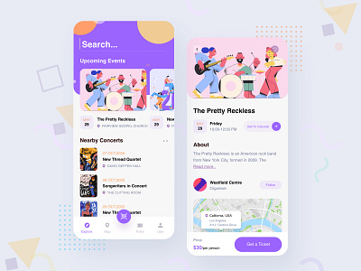 Event App booking app character illustration design event event app events graphics illustraion map meetup mobile app mobile app design party prelook ticket ui