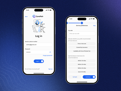 Accessible Login and Onboarding Flow app blue branding caregivers concept dailyui design graphic design healthcare illustration inspiration login logo onboarding flow onboarding steps registration set preferences sign in sing up ui