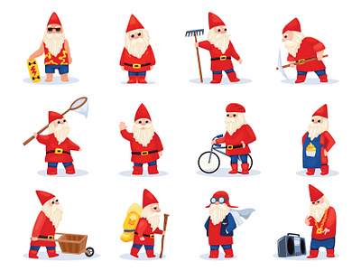 Garden gnomes baker boombox character character design classes cute cyclist design dwarf elves flat garden gardener gnomes hobbies illustration little pilot red caps