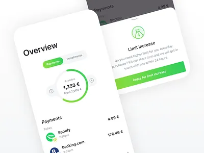 Overview - Limit increase app balance bank banking bottom sheet categories credit dashboard finance fintech graph increase limit list merchants mobile modal overview payments purchases