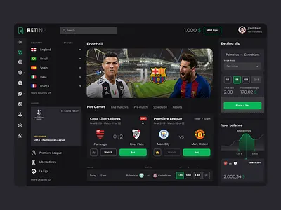 Retina Bet bet betting button champions league dark mode dark ui dashboard design system football green interface la liga logo soccer team tips ui ux world cup