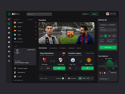 Retina Bet bet betting button champions league dark mode dark ui dashboard design system football green interface la liga logo soccer team tips ui ux world cup