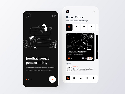 Blog App app app design blog boro cards category concept flat homescreen illustrations interface ios likes list minimal notification onboarding ui search ui ux