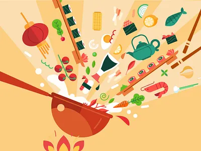 All in one wok animation asian food cooking fire flat flat illustration food food app illustration infographic prostora vector illustration
