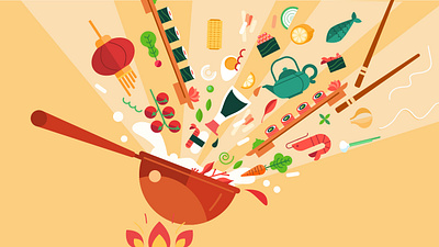 All in one wok animation asian food cooking fire flat flat illustration food food app illustration infographic prostora vector illustration