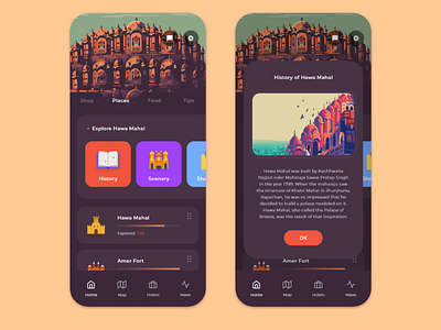 Travel Destination Exploration App app city ckyline fort hawa mahal historic historical history jaipur monument skyline tourist travel travel app traveler ui ux