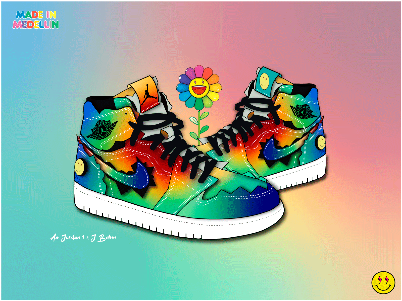 Air Jordan 1 x J balvin 🙂⚡👟🌈 2020 air jordan air jordan 1 colores colors design illustration j balvin logo minimal murakami new nike poster sneakers