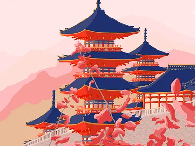 Yagura practice artist blues colorful design flatdesign flatdesigns flowers illustration illustration digital japanese art japanese scenery logo mountains pathway photoshop red scene vector vibrant warm colors