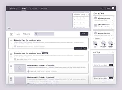 Gamified Discussion Forum community discussions forum home screen homepage homepage design mockup ui ux web wireframe