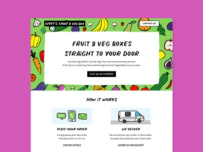 Geoff's Fruit & Veg Box Website bold box branding bright delivery fruit greengrocer illustration logo rough service single page vegetables website