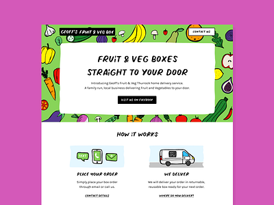 Geoff's Fruit & Veg Box Website bold box branding bright delivery fruit greengrocer illustration logo rough service single page vegetables website