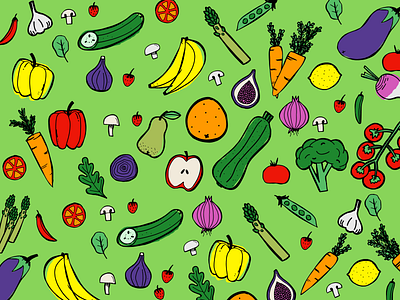 Geoff's Fruit & Veg Box Illustrations abstract bold box branding bright delivery doodles fruit fun hand drawn illustration vegan vegetables veggies