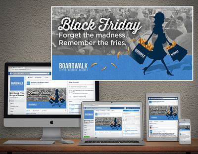 Boardwalk Black Friday Facebook Ad black friday black friday sale copywriter crowd facebook facebook ad french fries grayscale shopper shopping silhouette woman