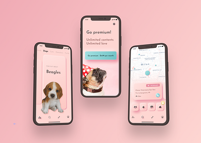 Bao House app cards carousel design dog maps navigations neomorphism paywall pets pink tiles ui