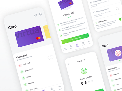 Card management app bank banking benefits card credit finance fintech input limits list lock menu navigation pay pin security settings toggle virtual