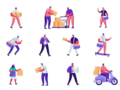 Delivery Characters 2D Animation Pack 2d animation bicycle box characters courier delivery delivery man delivery service flat illustration logistics motion motocycle online shopping pack package scooter shipping transportation